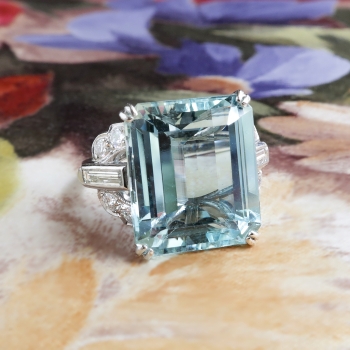Vintage 8.46ct t.w. Emerald Cut Aquamarine Ring Circa 1940's Diamond ...