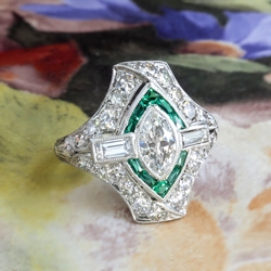 Art Deco Diamond Engagement Ring 1.70ct t.w. Green Lab Emerald Halo ...