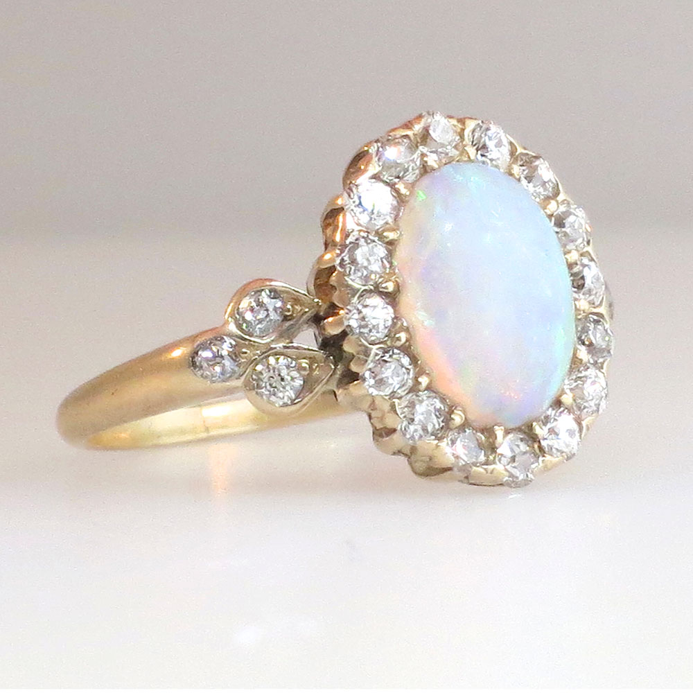 Original Art Nouveau Opal & Old Mine Cut Diamond Ring 14k | Antique ...