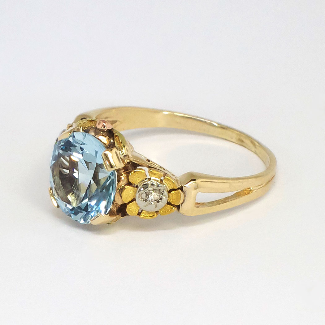 Pretty 2.02ct t.w. 1940's Blue Topaz & Old Mine Cut Floral Diamond Ring ...