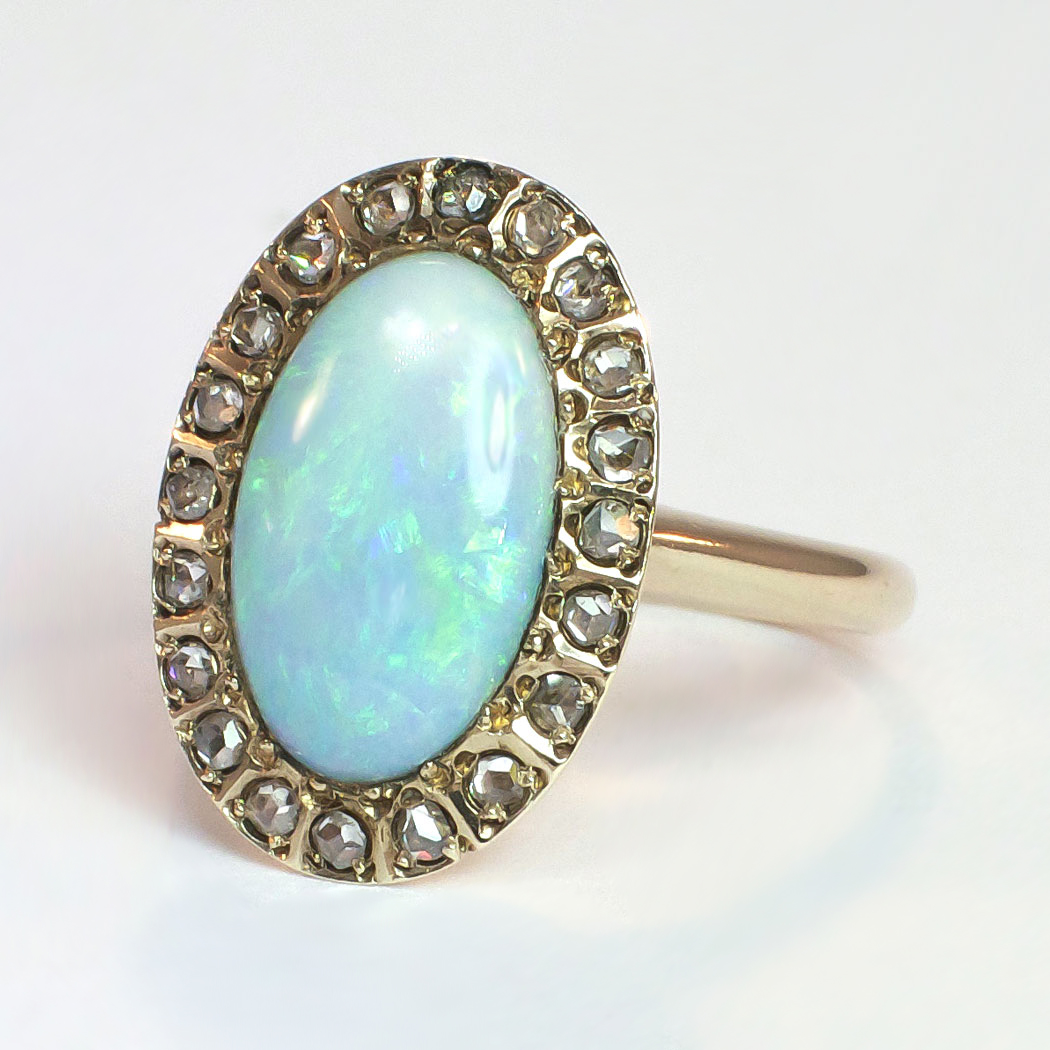 Art Nouveau 1900s 2ctw Opal & Rose Cut Diamond Halo Ring 10k | Antique ...