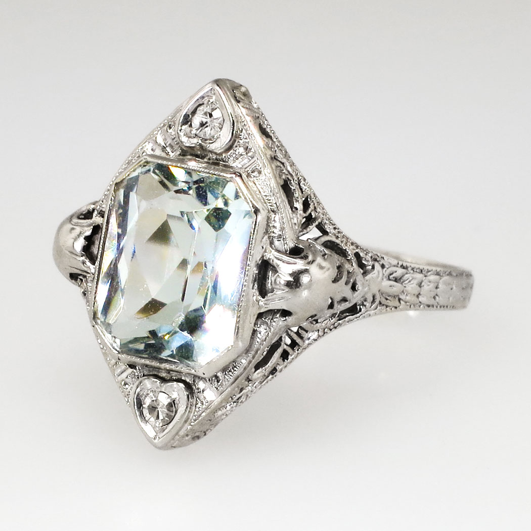 Art Deco 1930's 3.02ct t.w. Aquamarine & Diamond Filigree Engraved Ring ...