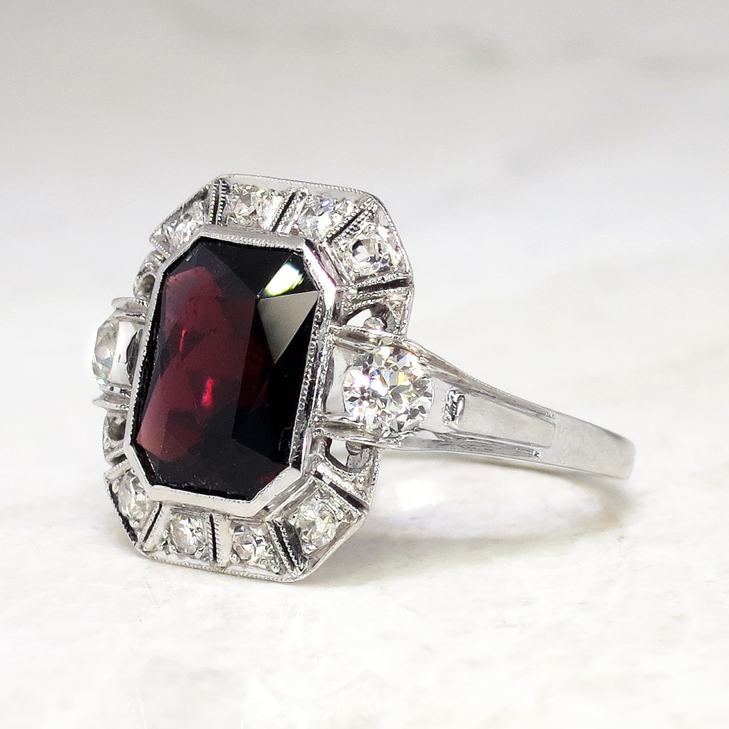 Art Deco 1930's Vintage 4.24ct t.w. Emerald Cut Garnet & Old European ...