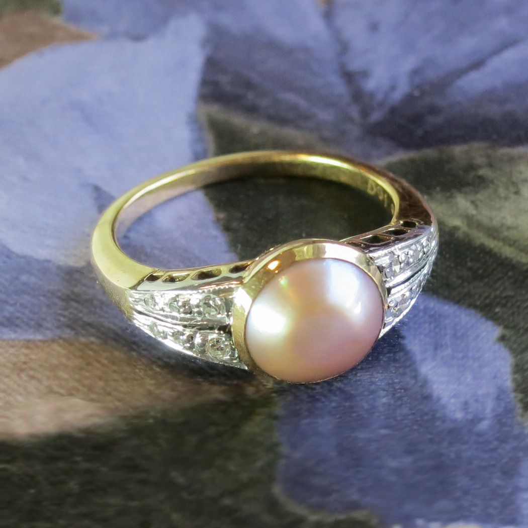 Edwardian 1920's Lustrous Pink Pearl & Old Cut Diamond Ring 18k ...