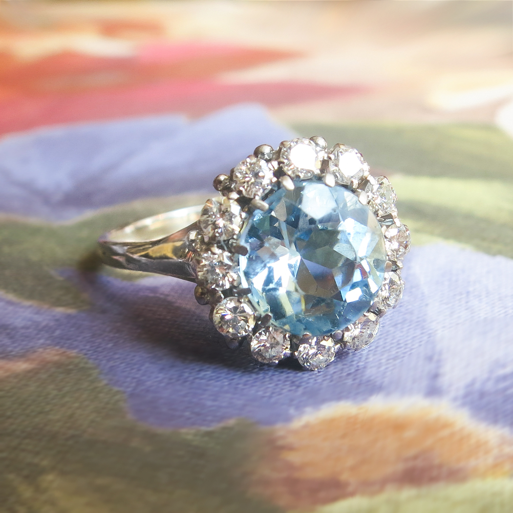 Vintage 1970's 2.99ct t.w. Aquamarine & Diamond Halo Engagement Ring ...