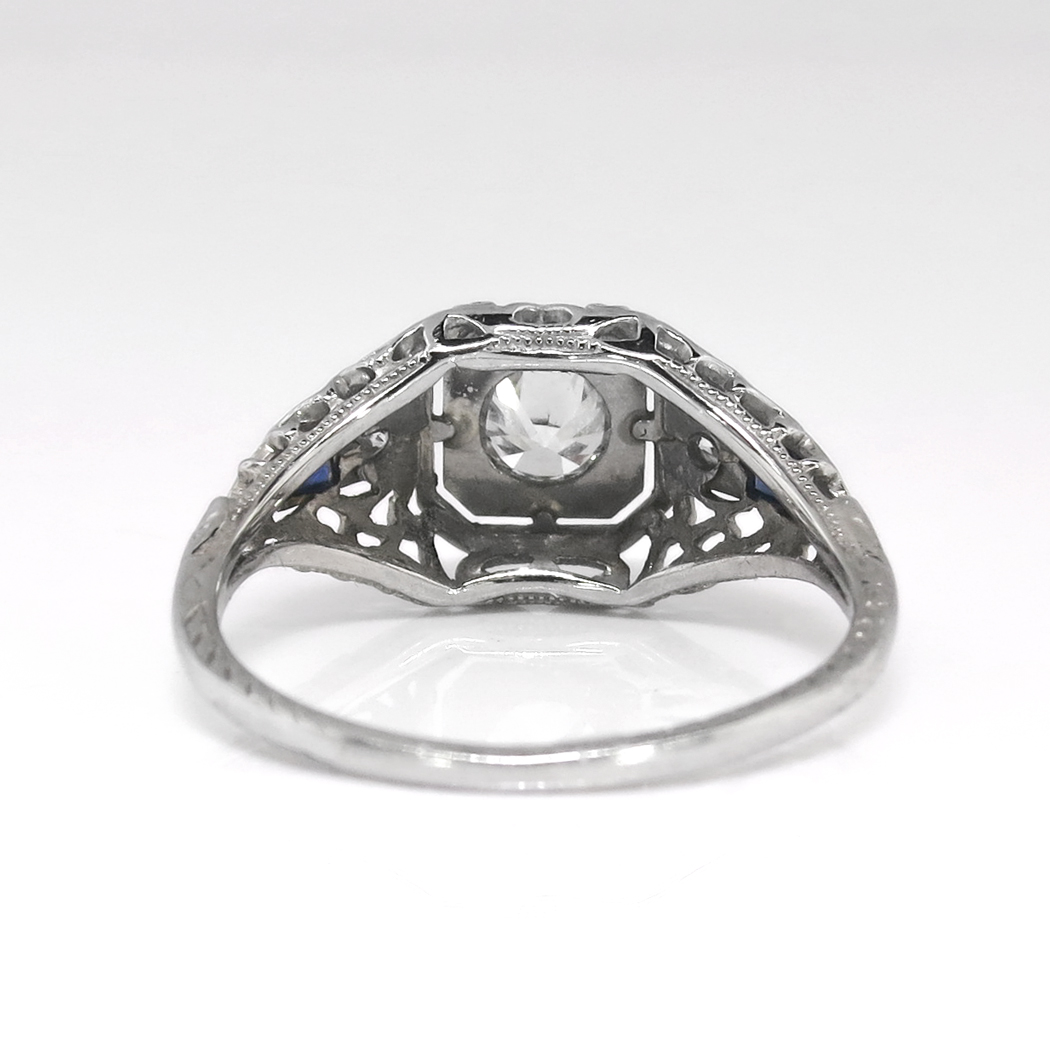 Vintage Belais Art Deco 1930s Old European Cut Diamond And Lab Sapphire Engagement Ring 18k White 4177