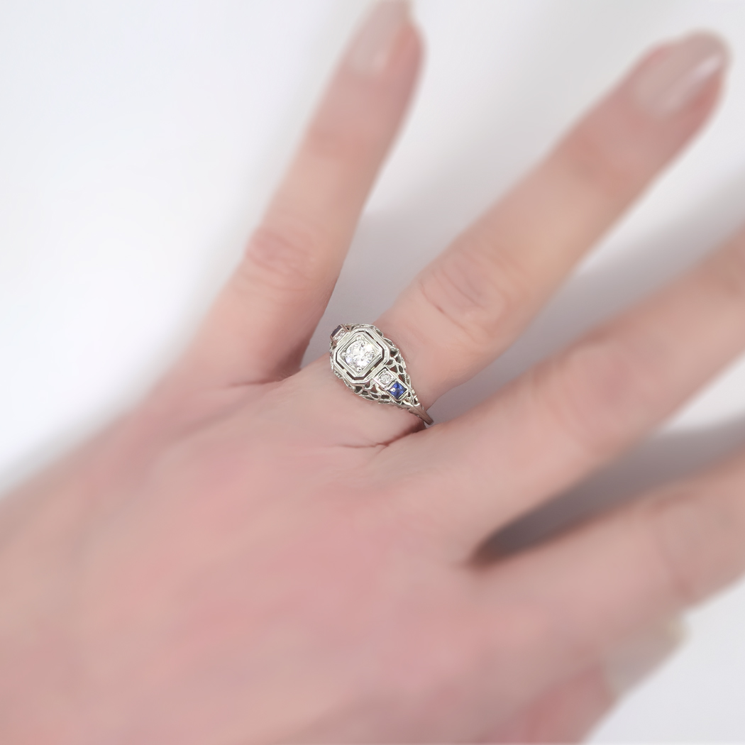 Vintage Belais Art Deco 1930s Old European Cut Diamond And Lab Sapphire Engagement Ring 18k White 0462