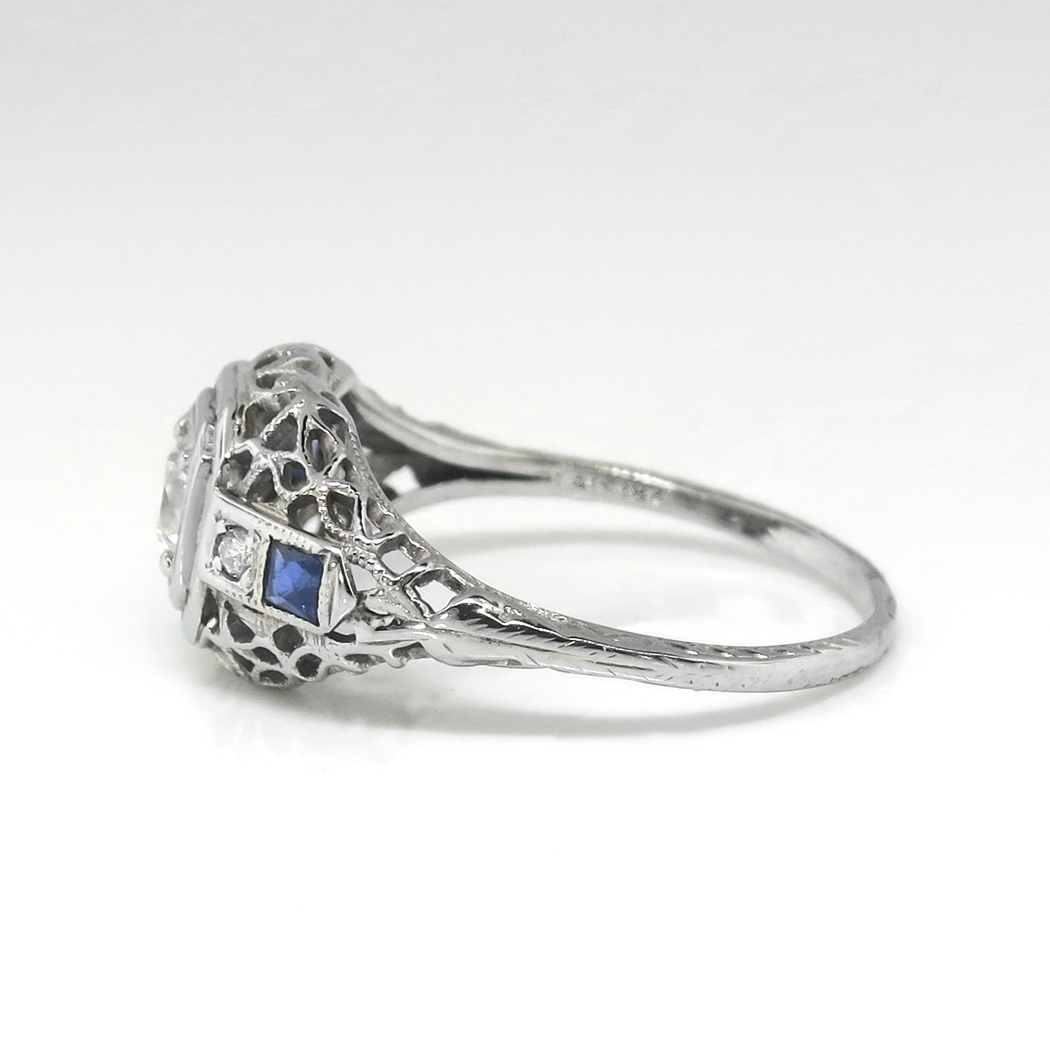 Vintage Belais Art Deco 1930s Old European Cut Diamond And Lab Sapphire Engagement Ring 18k White 7119