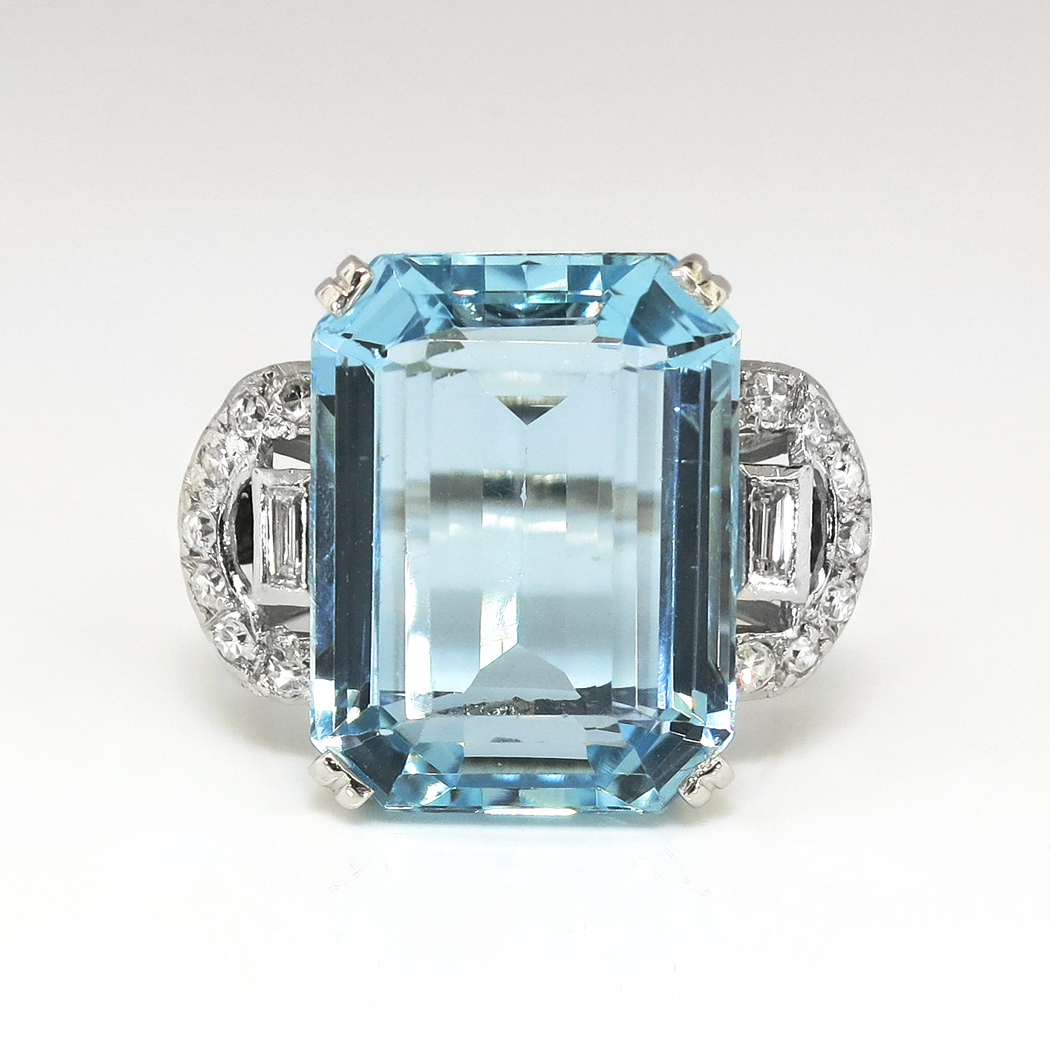 Vintage 1940's 12.28ct t.w. Emerald Cut Aquamarine & Diamond Ring ...