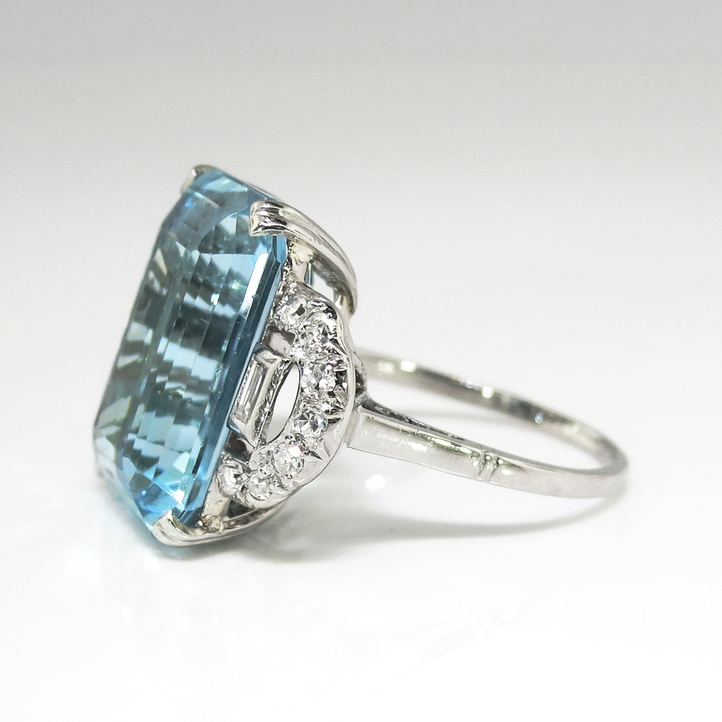 Vintage 1940's 12.28ct t.w. Emerald Cut Aquamarine & Diamond Ring ...