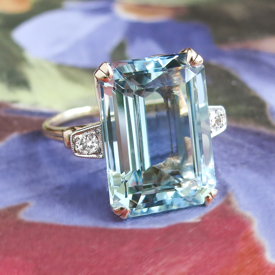 Vintage 1940's 12.79ct t.w. Emerald Cut Aquamarine & Diamond Cocktail ...