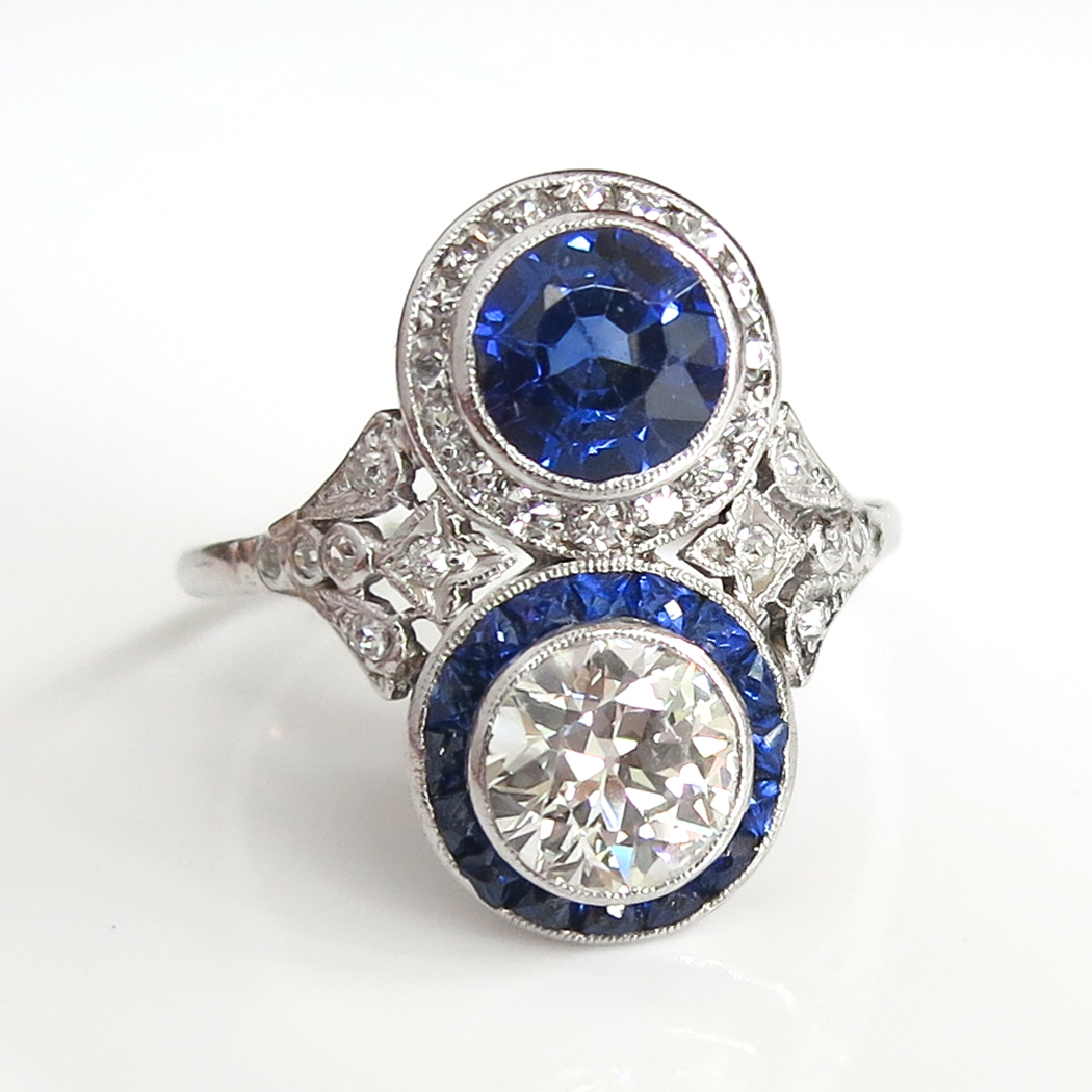 Antique Edwardian 1920's 3.39ct t.w. Old European Cut Diamond & Blue ...