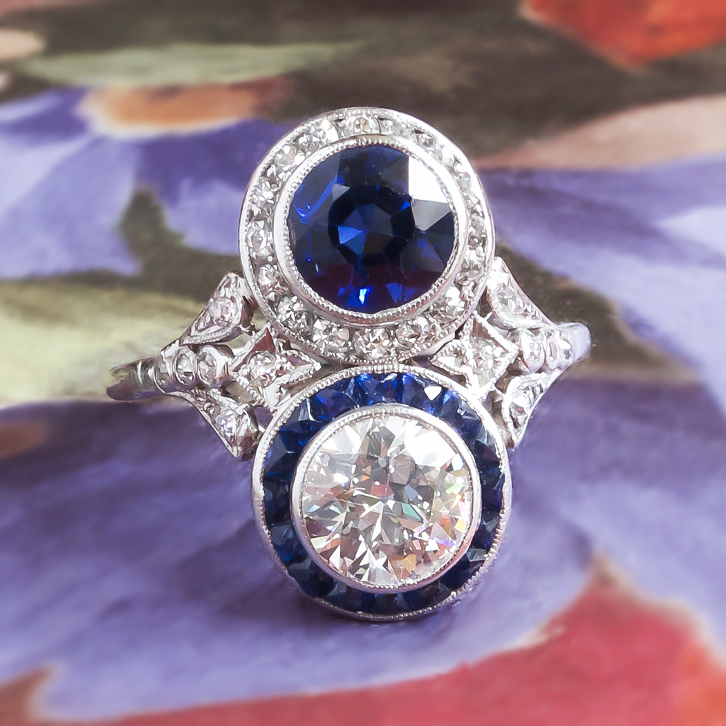 Antique Edwardian 1920's 3.39ct t.w. Old European Cut Diamond & Blue ...