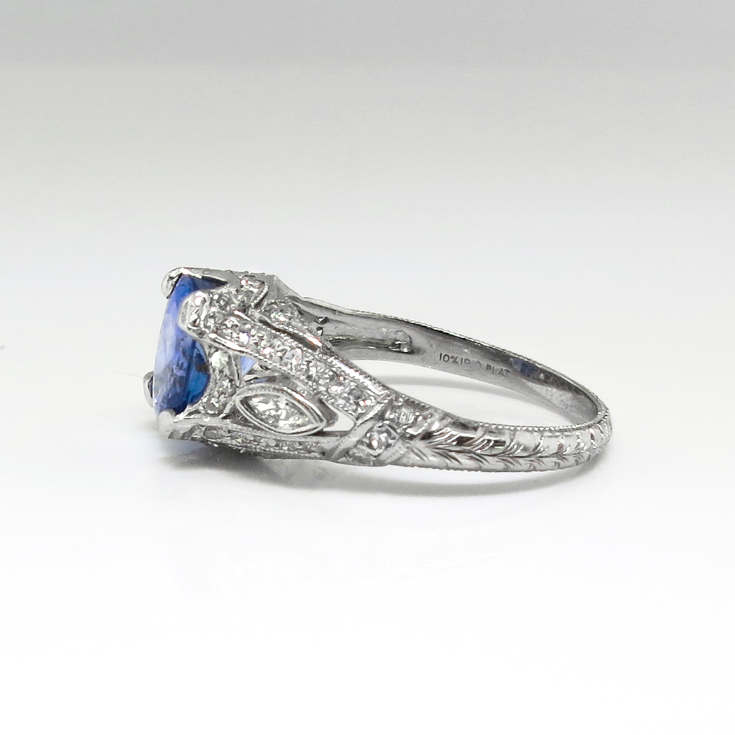 Estate Vintage 1990's Blue Sapphire Diamond Hand Engraved Platinum Ring ...