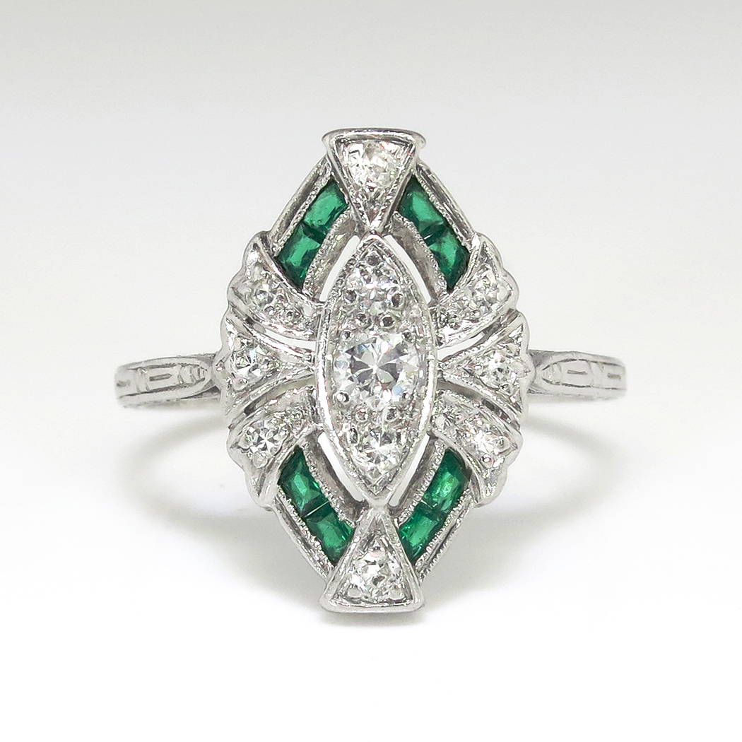Vintage Art Deco 1930's .35ct t.w. Natural Green Emerald & Diamond Hand ...