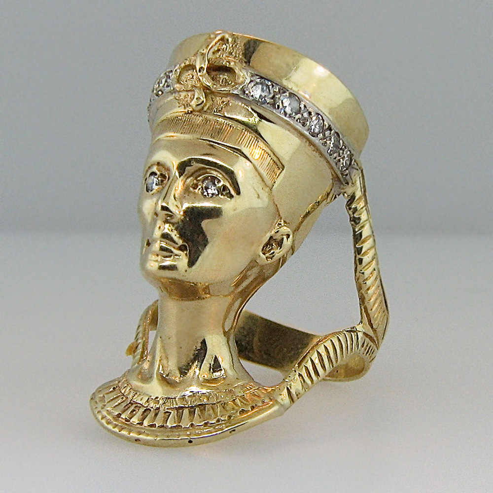 Huge Heavy Egyptian Revival Diamond Nefertiti Ring 14k Antique