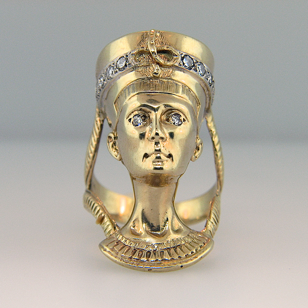 Huge Heavy Egyptian Revival Diamond Nefertiti Ring 14k Antique