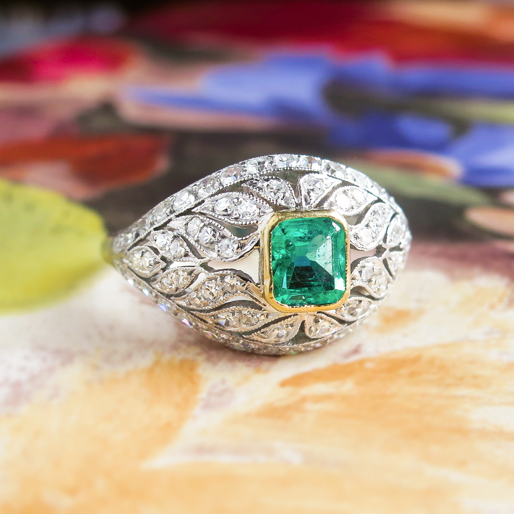 Art Deco Emerald Diamond Ring Platinum 18k Yellow Gold | Antique