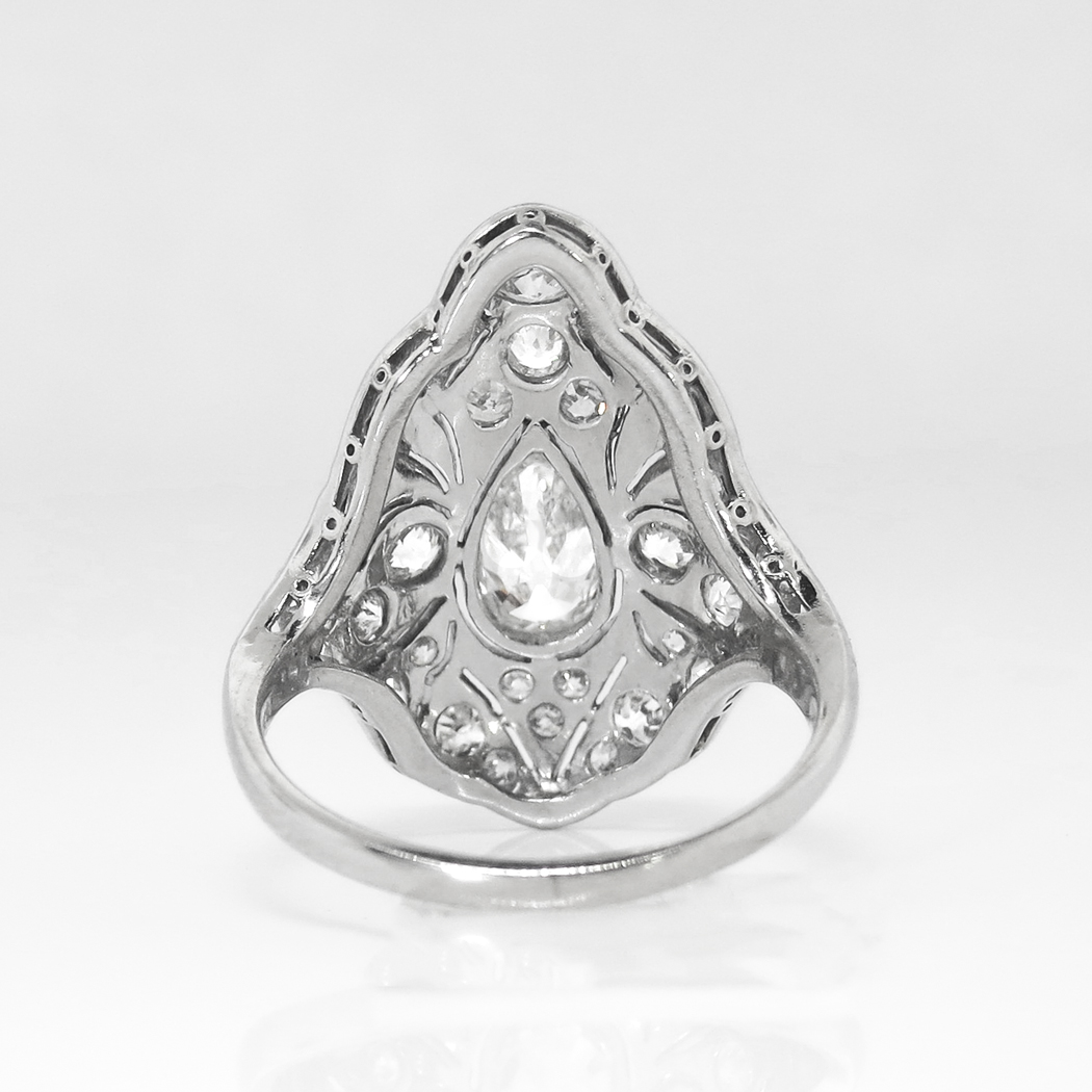 Art Deco Pear Diamond Old European Cut Diamond Hand Engraved Platinum ...