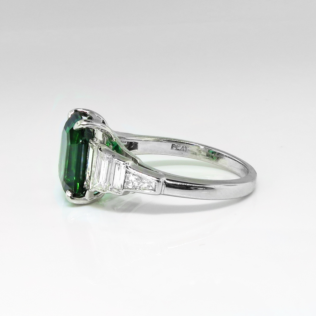 Estate Verdelite Brazilian Green Tourmaline Baguette Diamond Ring ...