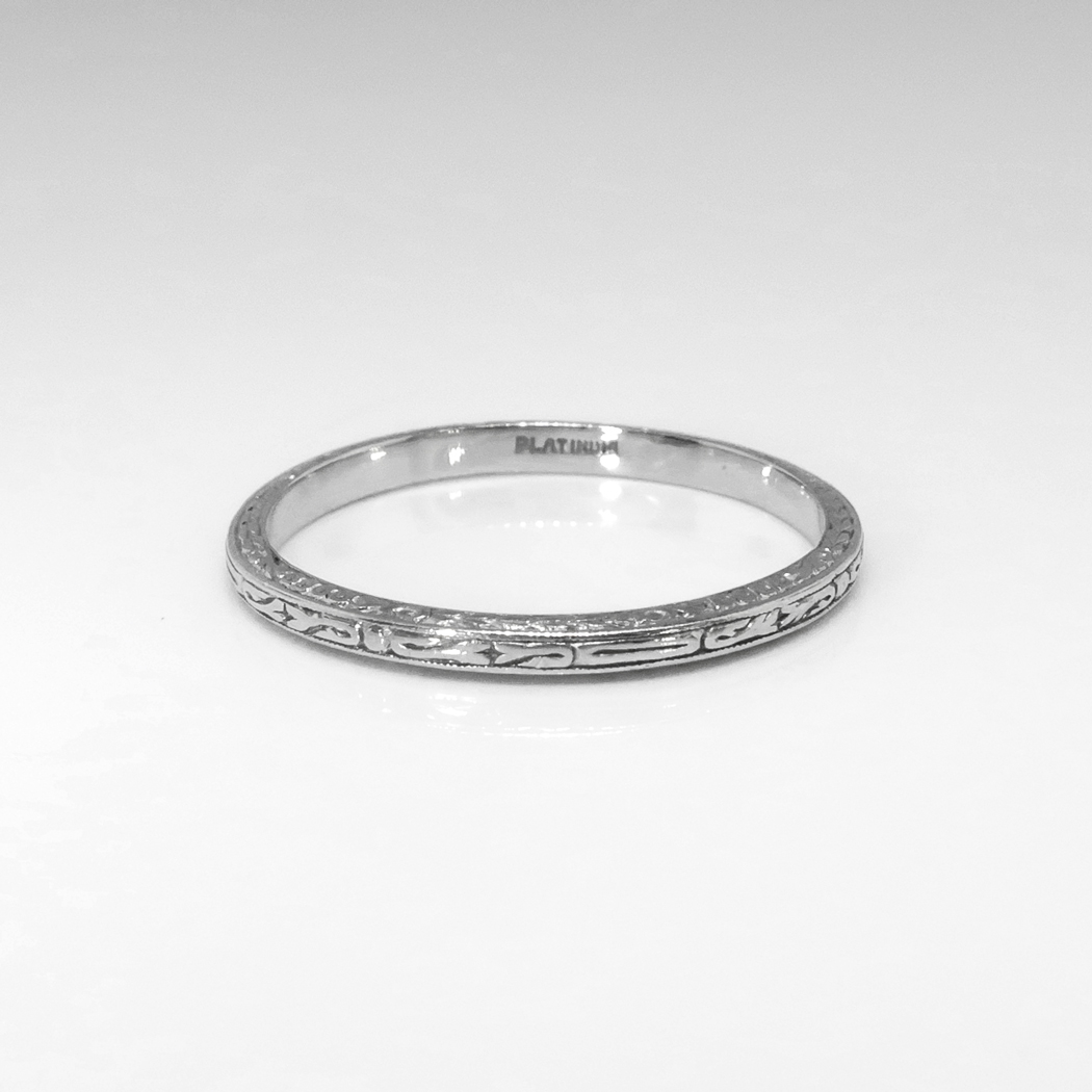 Antique Edwardian Wedding Band Circa 1920s Hand Engraved Platinum Ring