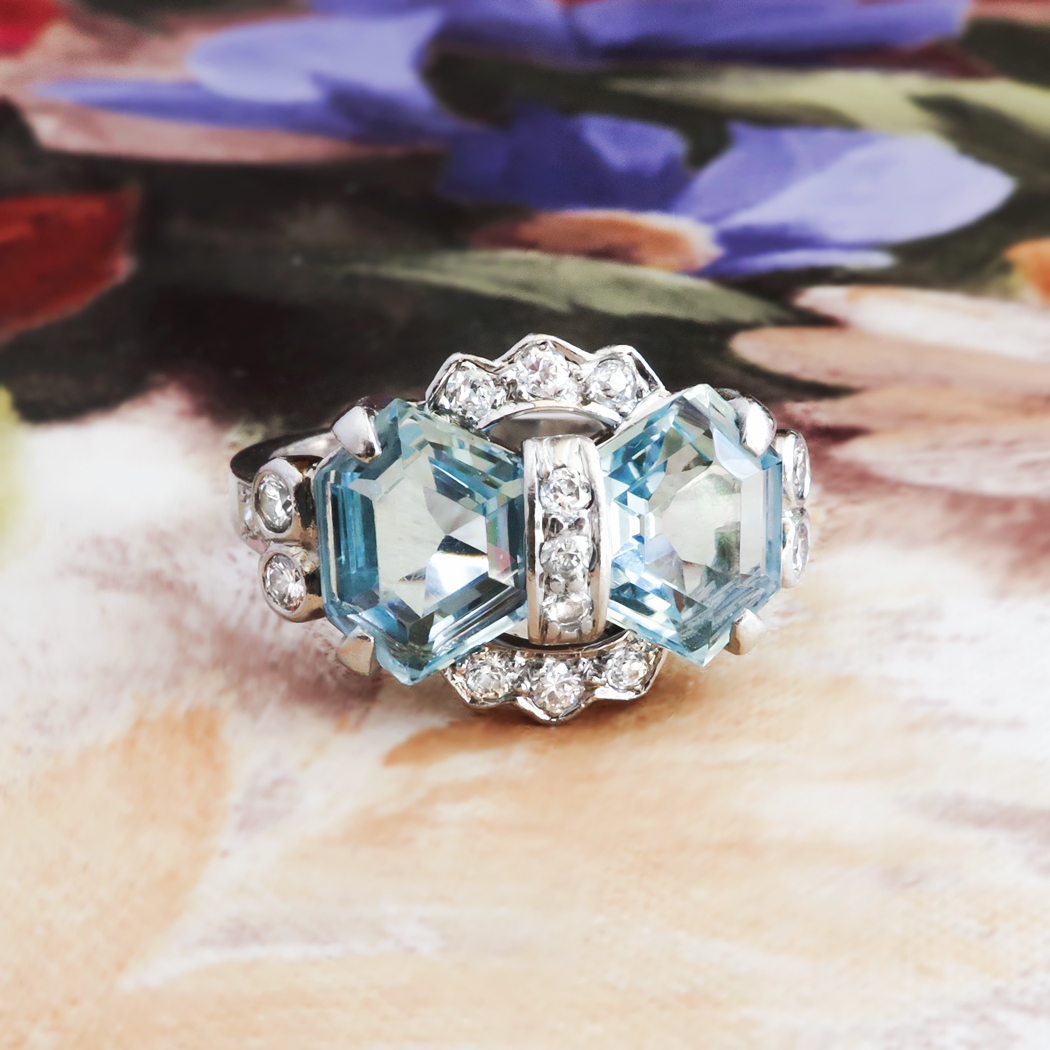 Vintage Blue Topaz Diamond Ring Circa 1940's Retro Bow Wedding