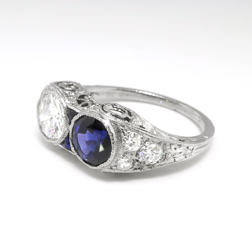 Art Deco Sapphire Ring Circa 1920's 2.43ct t.w. Double Old Cut Diamond ...