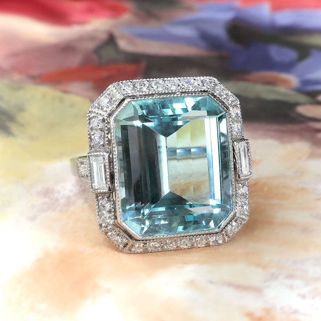 Fabulous 10.07ct t.w. Emerald Cut Aquamarine & Old Cut Diamonds ...