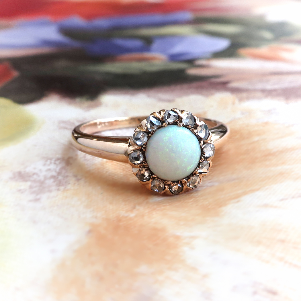 Antique Opal Diamond Ring Circa 1900's Natural Opal Rose Cut Diamond