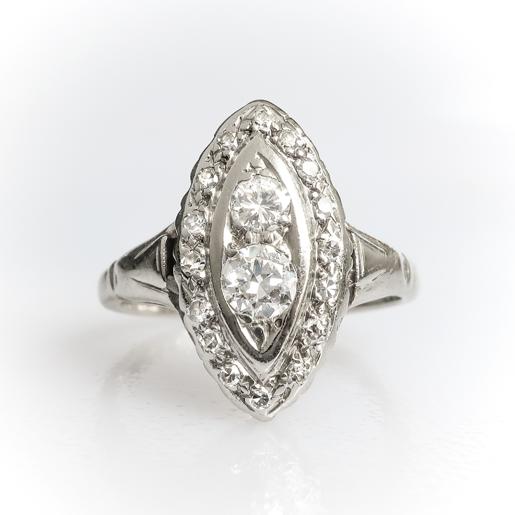 Vintage Diamond Navette Ring .69ct t.w. Circa 1930's Old Cut Cocktail ...