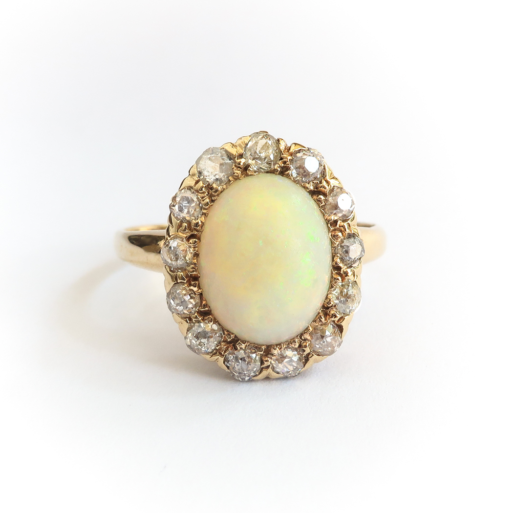 Old Mine Diamond & Crystal Opal Ring 14K Yellow Gold