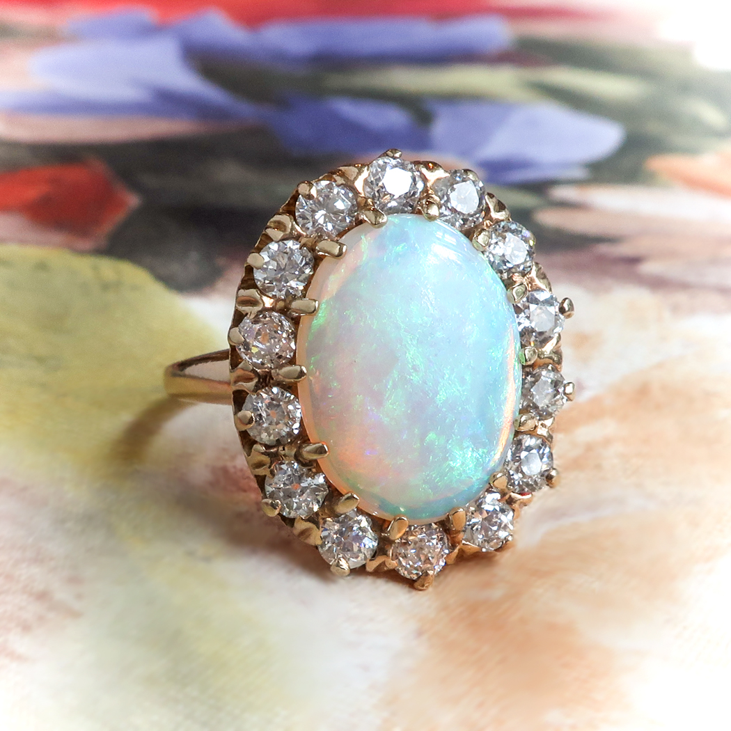Antique Opal Diamond Ring Circa 1900's 4.94ct t.w. European Cut Diamond ...