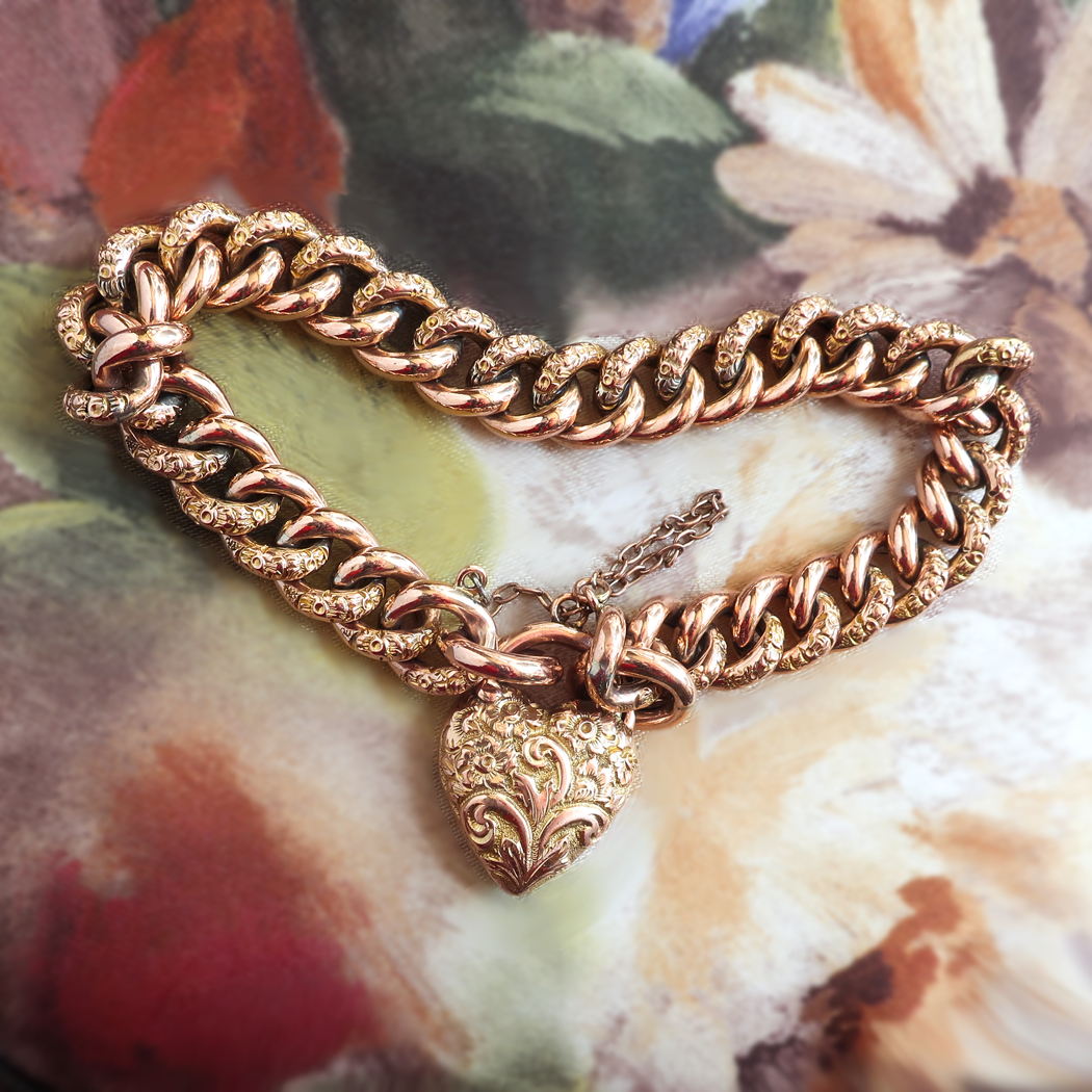 Antique Edwardian Curb Link Bracelet with Heart Lock 9k Gold