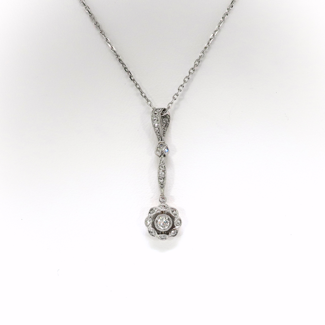 Antique Diamond Drop Pendant Edwardian .23ct t.w. Ribbon Rose Cut Halo ...