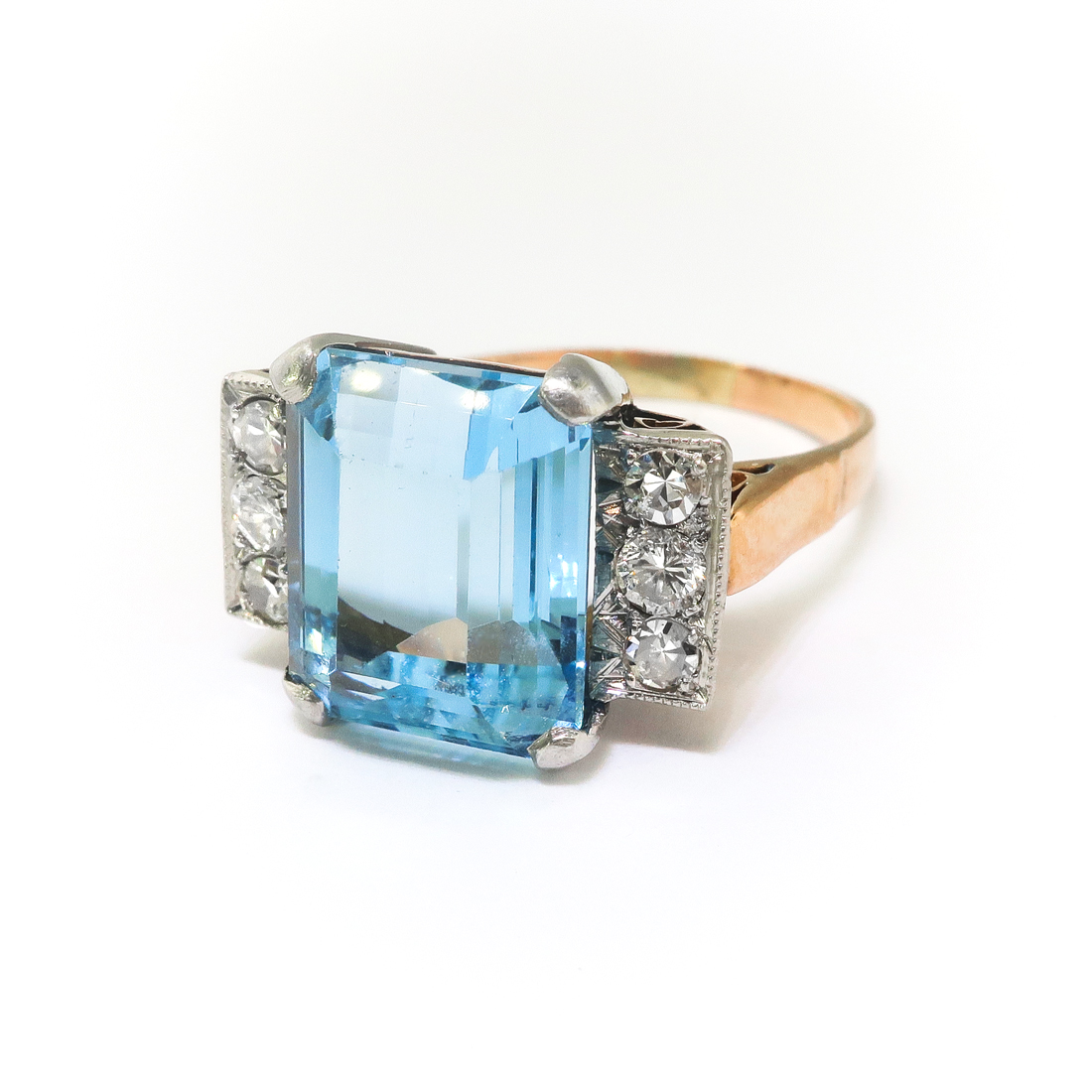 Vintage Aquamarine Diamond Ring Retro 1940's 5.86ct t.w. Emerald Cut ...