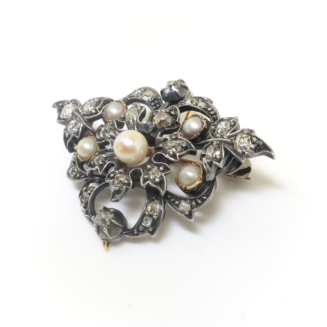 Antique Old Cut Diamond and Natural Pearl Brooch