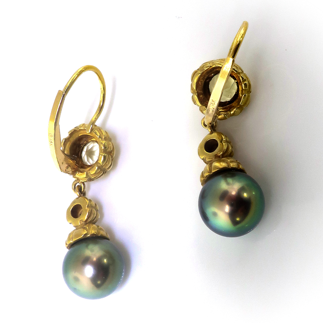 Estate Cultured Tahitian Pearl, Heliodor and Diamond Drop Earrings 18K ...