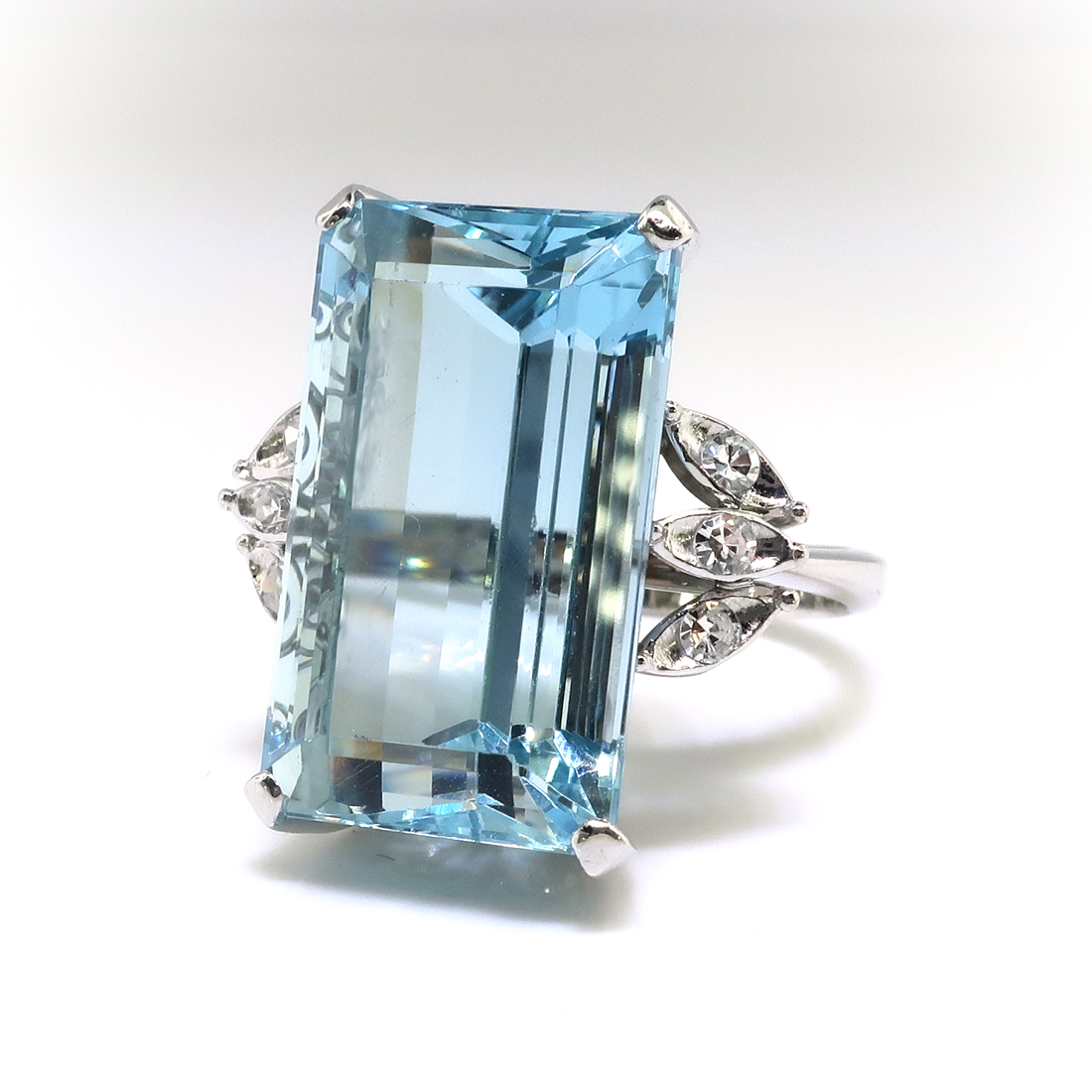 Art Deco Emerald Cut Aquamarine and Diamond Cocktail Statement Ring 18K ...