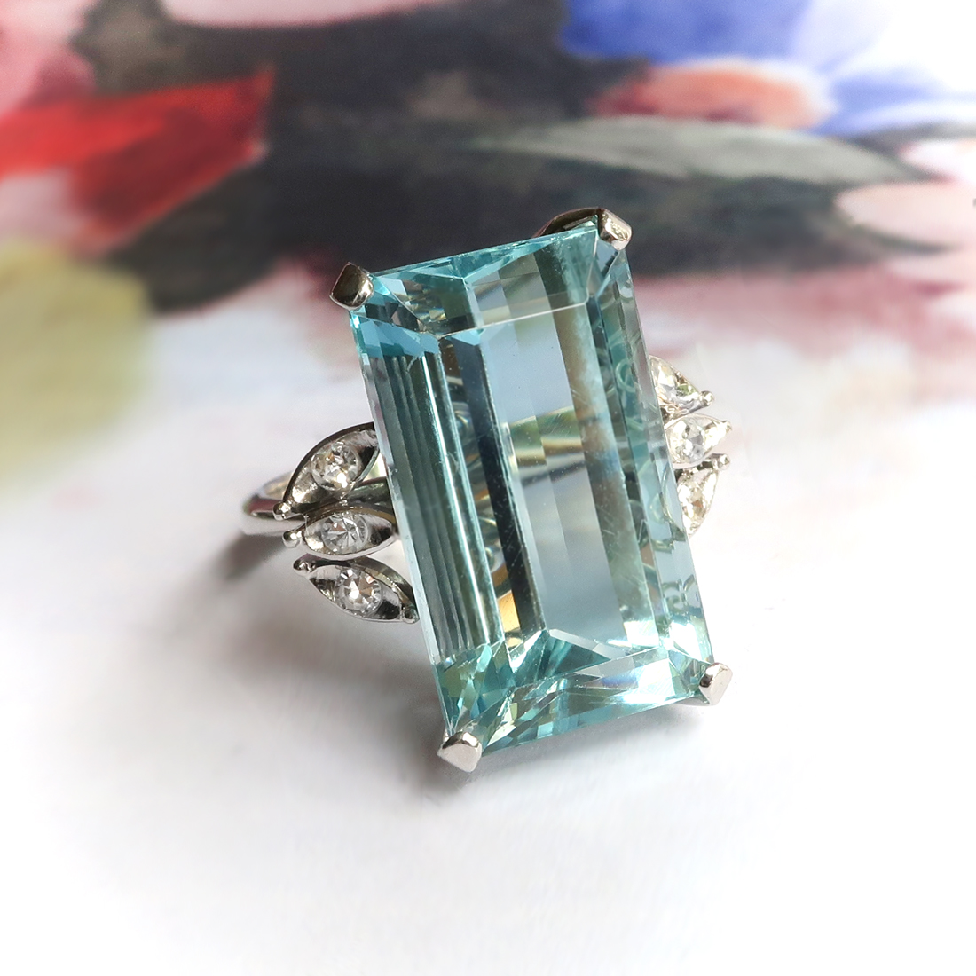 Art Deco Emerald Cut Aquamarine And Diamond Cocktail Statement Ring 18k