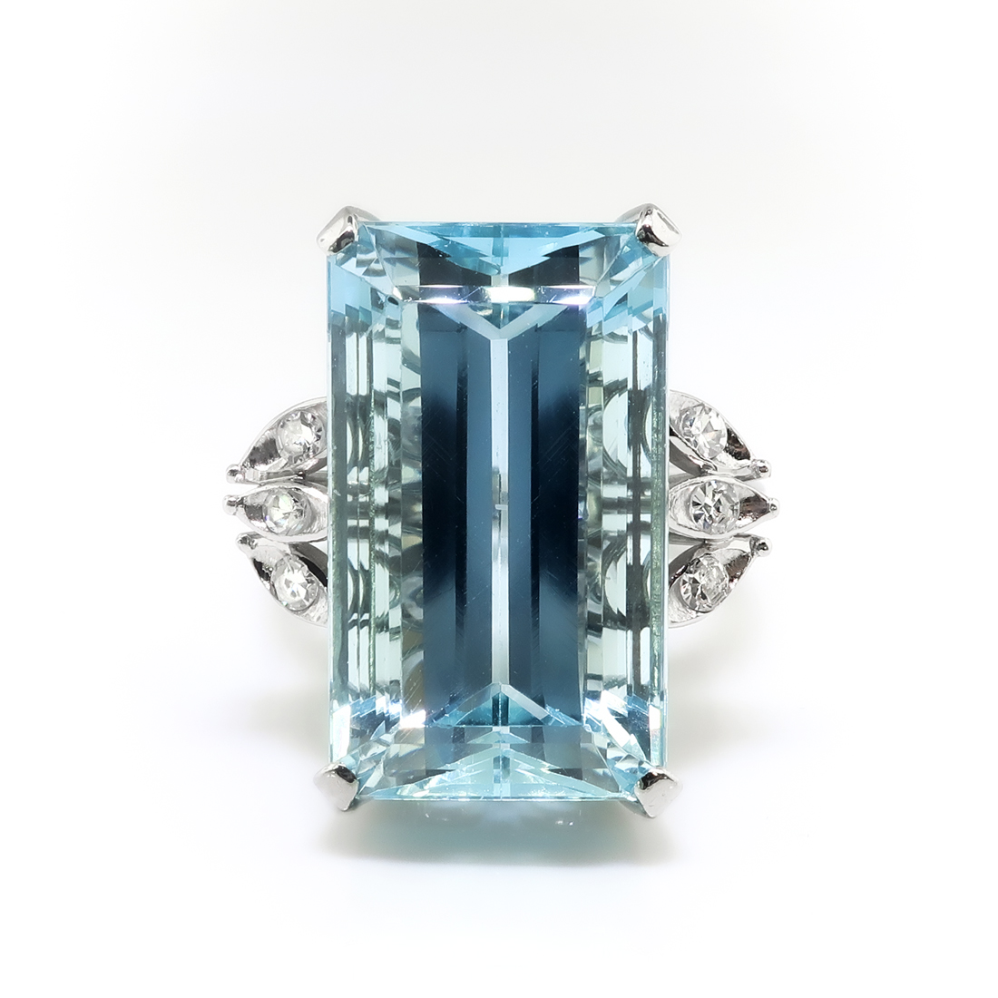 Art Deco Emerald Cut Aquamarine and Diamond Cocktail Statement Ring 18K ...