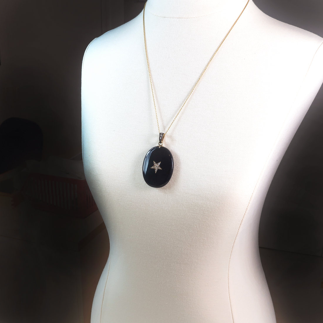 Large Black Onyx Victorian Locket Pendant Necklace