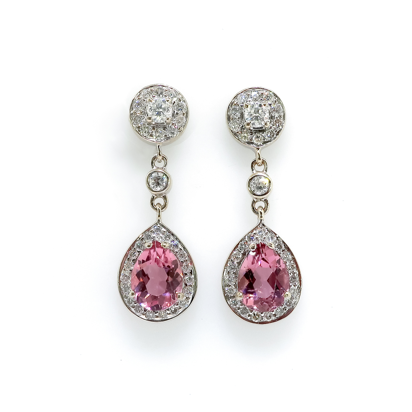 Estate Pink Pear Shape Tourmaline and Diamond Drop Earrings 18K White ...