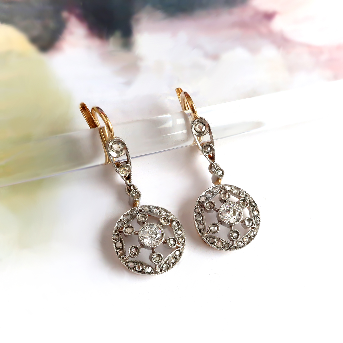 Antique Edwardian Diamond Drop Earrings Platinum over 18K Yellow Gold ...