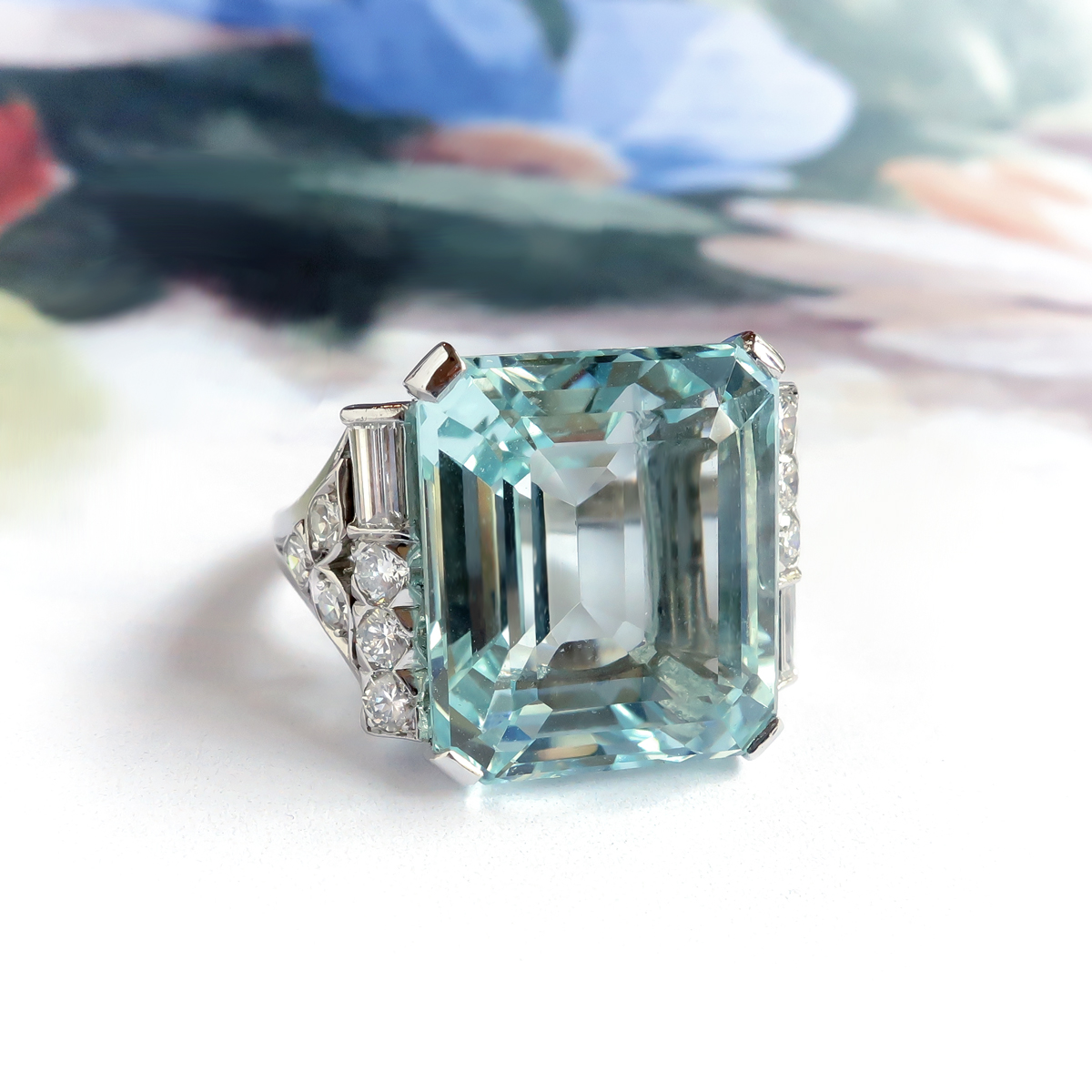 Vintage 1940s Emerald Cut Aquamarine Baguette Round Diamond Cocktail ...