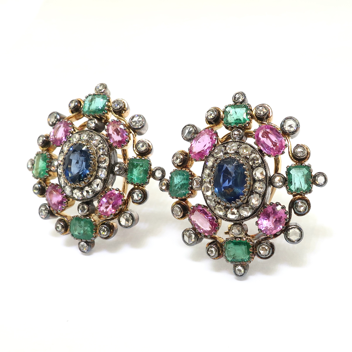 Antique Sapphire Emerald and Diamond Earrings Silver 18K | Antique ...