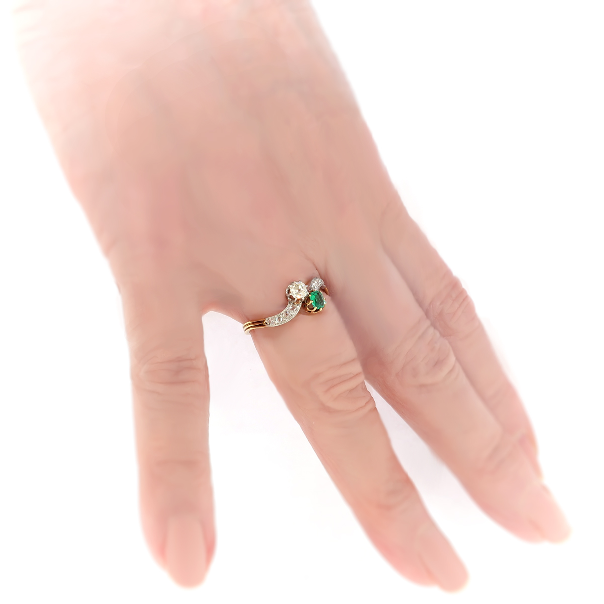 Antique Edwardian Emerald and Diamond Toi et Moi Crossover Ring 18k