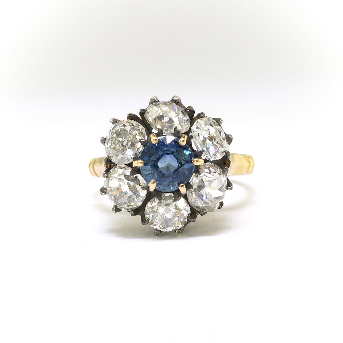 Antique Victorian Blue Sapphire and Diamond Flower Halo Ring 18K Silver ...