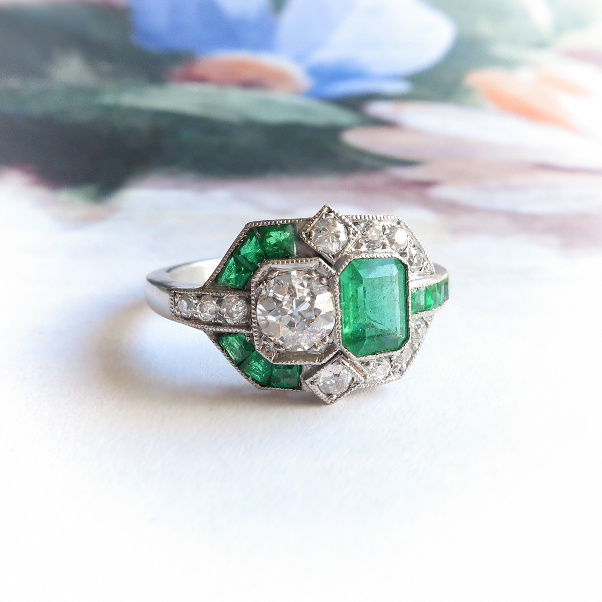 Art Deco Inspired 1.32ct t.w. Natural Emerald & Old European Cut ...