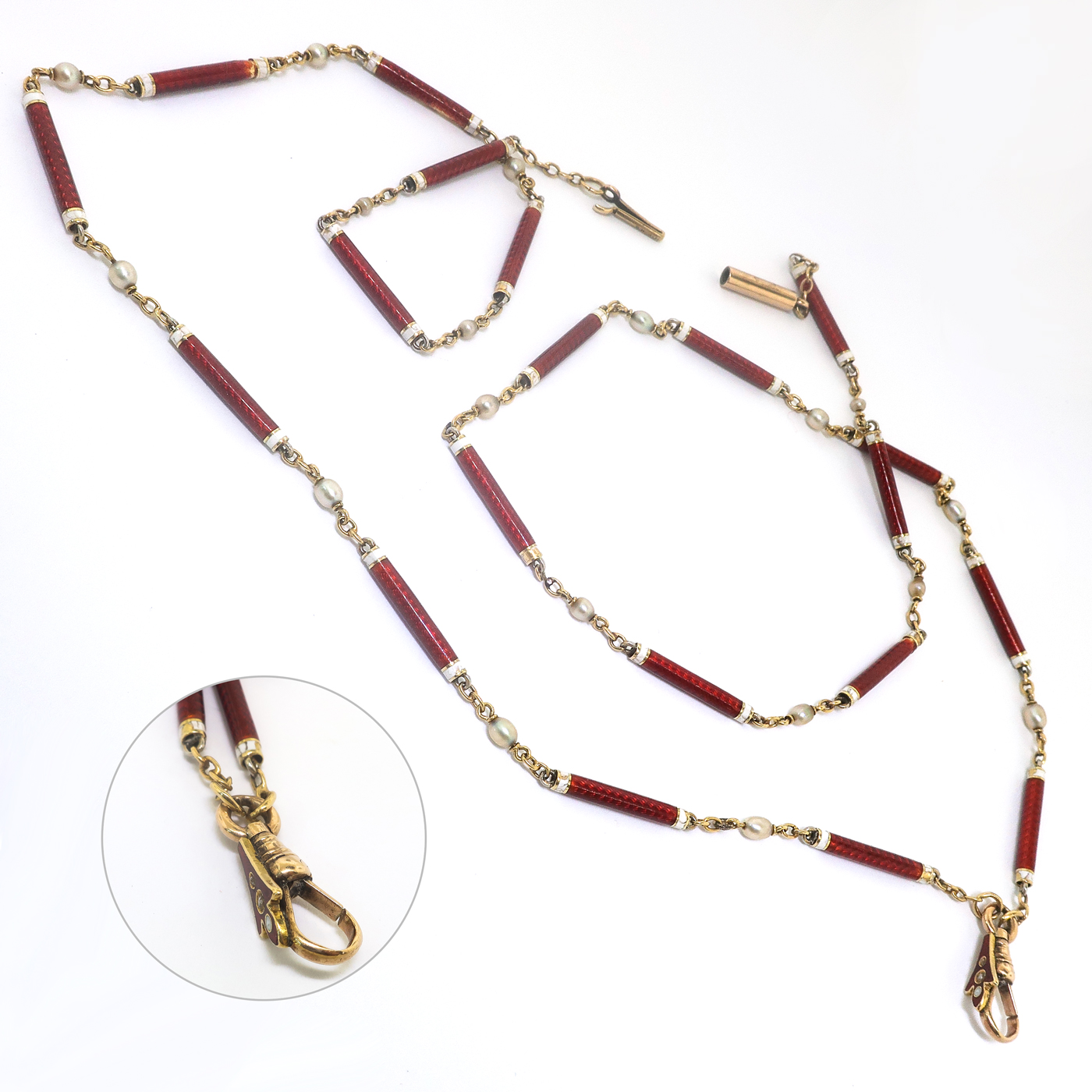 Antique Red and White Enamel Cylinder Link Necklace with Seed Pearls 24 ...