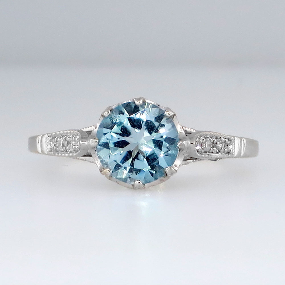 Estate Blue Topaz & Diamond Crown Solitaire Ring 18k | Antique & Estate ...